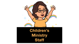 Cartoon of woman with arms raised behind sign: Children's Ministry Staff