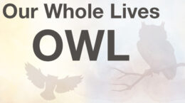 Our Whole Lives - OWL - text over translucent owls flying and perched on a branch