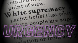 URGENCY in purple outlined text overlaid on page showing partial definition of white supremacy