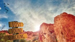 Red rock formation under cirrus clouds, birds in upper left, signpost in lower left: LOST, FOUND, SEARCHING