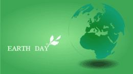 White text: Earth Day; white leaf; stylized globe; all on green gradient background