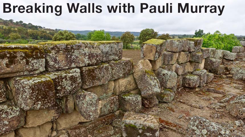 Black text: Breaking Walls with Pauli Murray overlaid on image of old stone wall with fallen blocks, green pasture in background