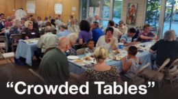 UUCP 2017 Thanksgiving Potluck in the Johnson Room - white text: "Crowded Tables" - Photo credit: Charlotte Carl-Mitchell