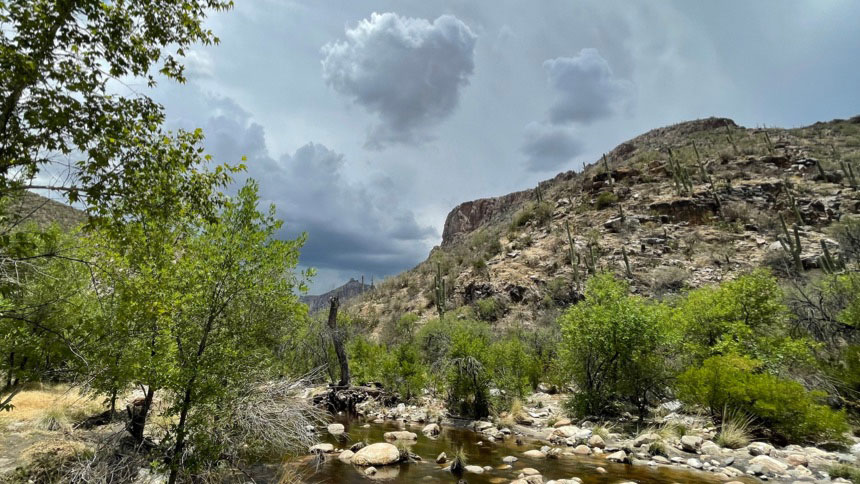 A picture of the Catalina Mountains with Blue Skies