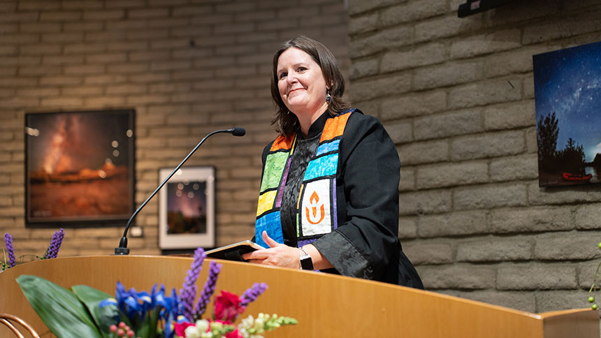 A picture of Reverend Christine at the pulpit during her installation ceremony