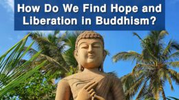 A picture of a Buddha statue with palm trees behind it