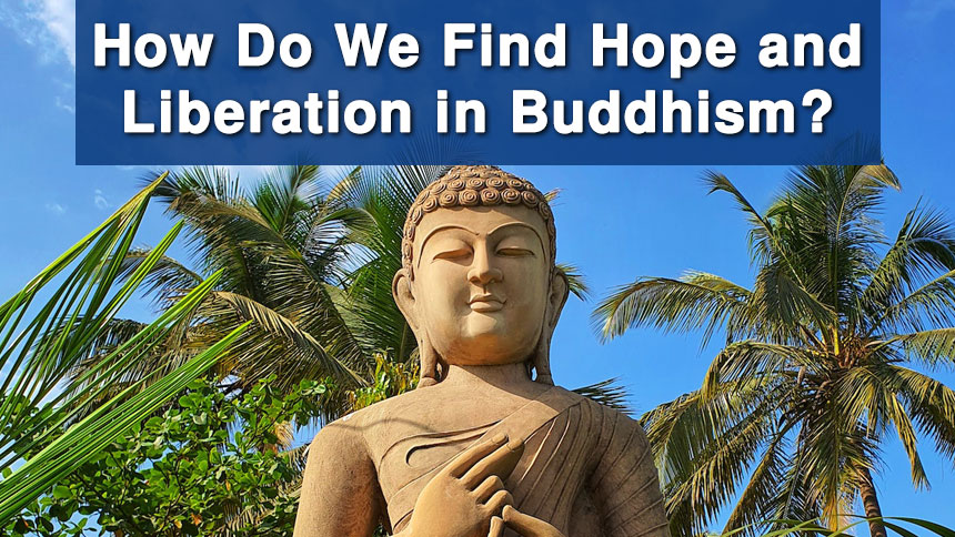 A picture of a Buddha statue with palm trees behind it