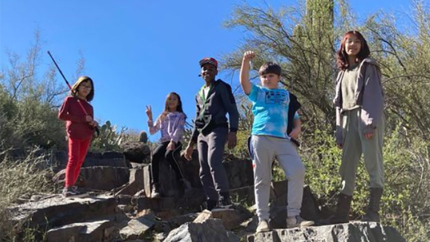 A group of kids on the trail during the last Navigators outdoor hike.