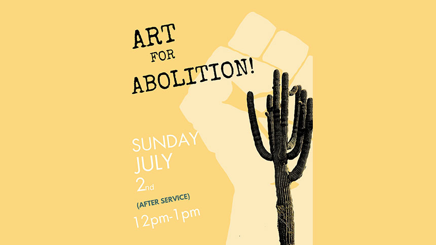 Art for abolition picture of a fist and a cactus tree on a yellow background