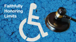 A wheelchair symbol next to a gavel on a texztured blue background.