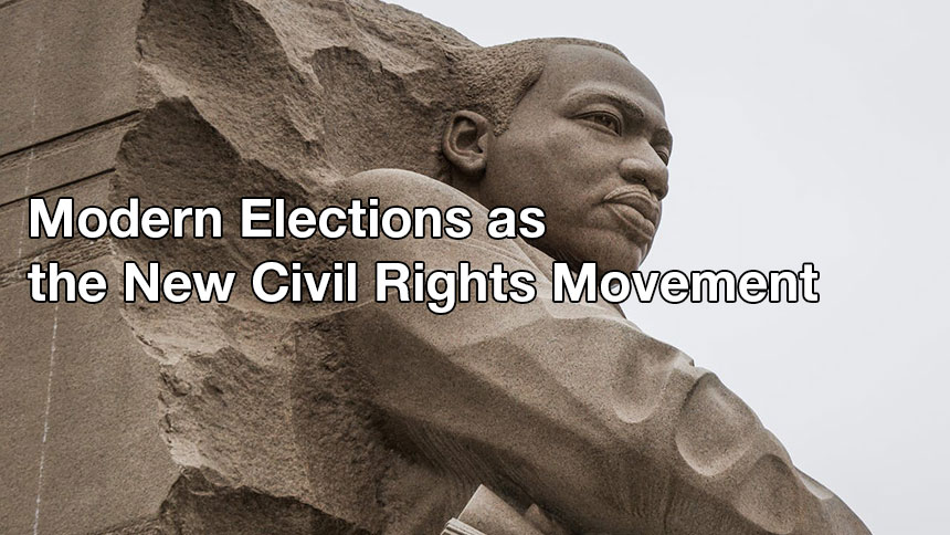 A statue of Martin Luther King Jr with the text Modern Elections in the New Civil Rights Movement written over it in white.