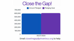 Close the Gap! with chart showing amount still needed; email closethegap@phoenixuu.org to help