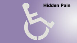 A wheelchair symbol on a gradient purple background with the words Hidden Pain in black