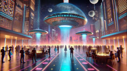 Futuristic hall filled with people standing or seated at tables eating