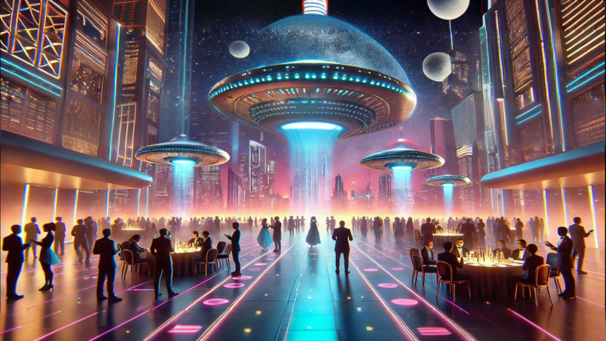 Futuristic hall filled with people standing or seated at tables eating