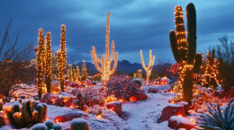 cacti decorated with Christmas lights in the desert at night, cloudy sky, snow on the ground