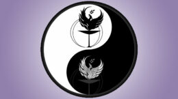 A yin and yang symbol with the phoenix logo incorporated in it instead of dots on a purple gradient background