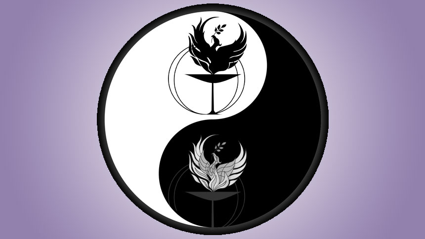 A yin and yang symbol with the phoenix logo incorporated in it instead of dots on a purple gradient background