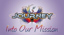 Journey band logo over UUCP phoenix, with Into Our Mission below - light purple gradient background