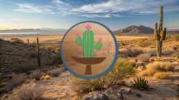 UUCP Earth Justice logo (green cactus with pink flowers in a brown chalice, surrounded by a blue circle) over a view of open desert with mountains in the distance