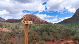 A trail signpost out in the Arizona Desert with mountains and a blue sky with clouds in the background.