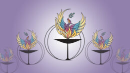 A cluster of UUCP phoenix logos on a purple gradient background