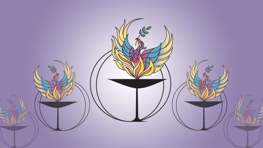 A cluster of UUCP phoenix logos on a purple gradient background