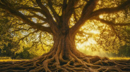 An ancient oak tree stands alone in a field with sunlight rays behind it.