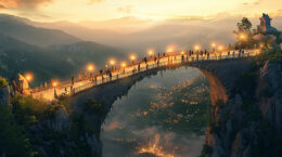 A majestic bridge spans the chasm between two cliffs with the sunset in the background.