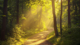 A dirt path leads through a sunlit forest.