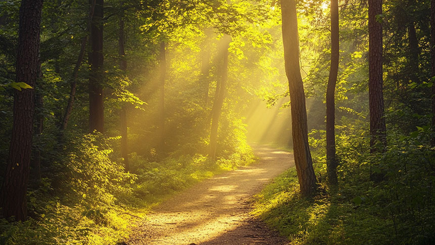 A dirt path leads through a sunlit forest.
