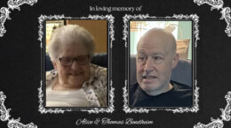 Pictures of Alice and Thomas in a pictureframe on a black background.