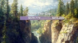 A picture of mountains with a chasm running between them and the words close the gap floating above the partially built bridge.