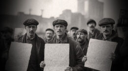 A black and white photo of protestors in front of a factory.