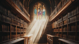 A dusty library filled with old books and a window with light pouring through in the background.