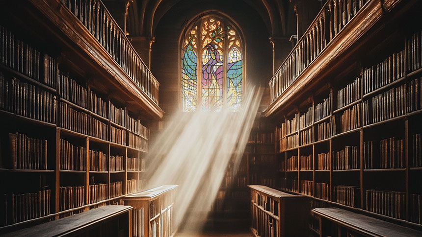 A dusty library filled with old books and a window with light pouring through in the background.