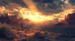 Light breaking through a cloudy sky over an Arizona desert