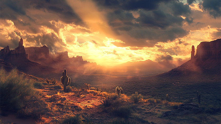 Light breaking through a cloudy sky over an Arizona desert