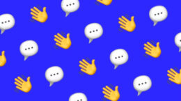waving hands and speech bubbles on a bright blue background