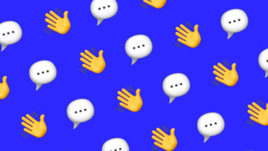 waving hands and speech bubbles on a bright blue background
