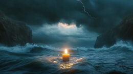 A candle floating in a stormy sea with dark clouds overhead